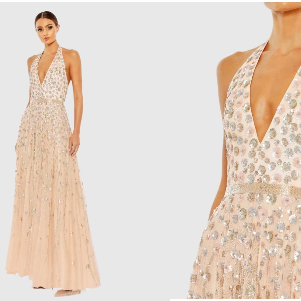 MAC DUGGAL 5654 FLORAL EMBELLLISHED HALTER STRAP A-LINE BLUSH GOWN sz 6